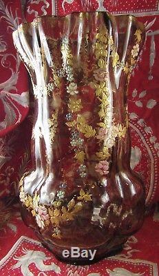 Bel ancien vase verre emaillé art nouveau epoque 1900 signé RI fleurs montjoye