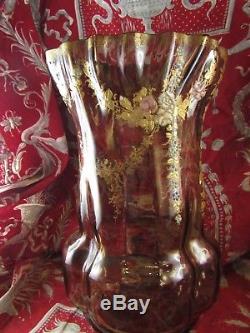 Bel ancien vase verre emaillé art nouveau epoque 1900 signé RI fleurs montjoye