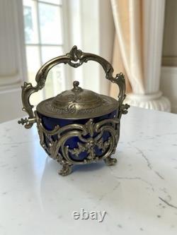 Biscuitière ancienne en verre bleu cobalt et métal ouvragé Style Louis XV