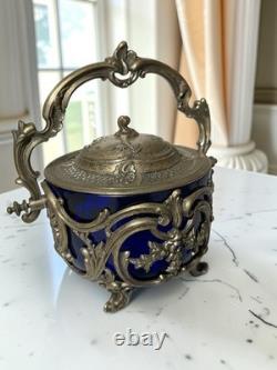 Biscuitière ancienne en verre bleu cobalt et métal ouvragé Style Louis XV