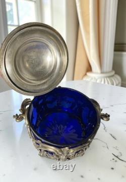 Biscuitière ancienne en verre bleu cobalt et métal ouvragé Style Louis XV