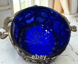 Biscuitière ancienne en verre bleu cobalt et métal ouvragé Style Louis XV