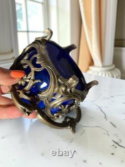 Biscuitière ancienne en verre bleu cobalt et métal ouvragé Style Louis XV