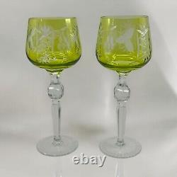 Bohème 2 Verres Vin Roemer Taillés Cristal Overlay Ancien Vert 21 cm Bel Etat