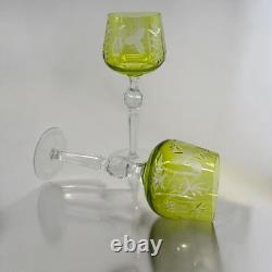 Bohème 2 Verres Vin Roemer Taillés Cristal Overlay Ancien Vert 21 cm Bel Etat