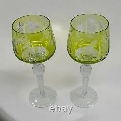 Bohème 2 Verres Vin Roemer Taillés Cristal Overlay Ancien Vert 21 cm Bel Etat