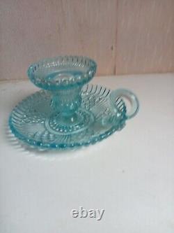 Bougeoir ancien signé portieux couleur turquoise hauteur 7,5 cm diamètre 13 cm
