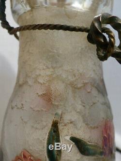 Bouteille de lait ancienne cristal acide emaillée tréfles style Daum Nancy 19eme