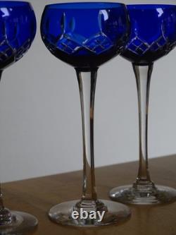 CRISTAL NANCY 4 ANCIENS VERRES A LIQUEUR DOUBLER COLORER BLEU COBALT ht 11,5 cm