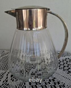 Carafe Rafraîchissoir Ancien + Tube Glaçons Verre Moulé + Métal Argenté