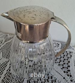 Carafe Rafraîchissoir Ancien + Tube Glaçons Verre Moulé + Métal Argenté