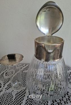 Carafe Rafraîchissoir Ancien + Tube Glaçons Verre Moulé + Métal Argenté