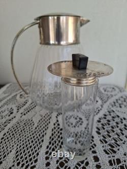 Carafe Rafraîchissoir Ancien + Tube Glaçons Verre Moulé + Métal Argenté