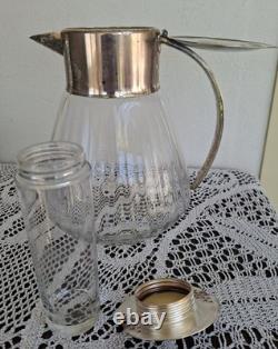 Carafe Rafraîchissoir Ancien + Tube Glaçons Verre Moulé + Métal Argenté