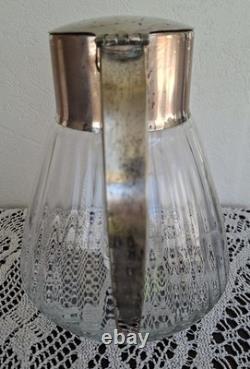 Carafe Rafraîchissoir Ancien + Tube Glaçons Verre Moulé + Métal Argenté