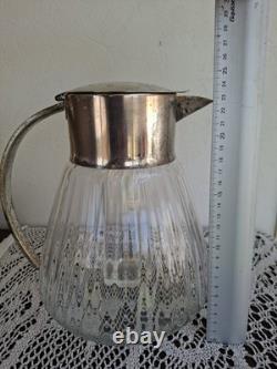 Carafe Rafraîchissoir Ancien + Tube Glaçons Verre Moulé + Métal Argenté