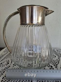 Carafe Rafraîchissoir Ancien + Tube Glaçons Verre Moulé + Métal Argenté