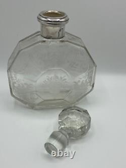 Carafe ancienne col argent massif poinçons cristal de Bohème gravé floral XIXe