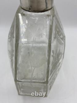 Carafe ancienne col argent massif poinçons cristal de Bohème gravé floral XIXe