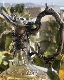 Carafe ancienne en cristal et métal argenté XIXe Siècle France