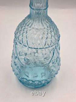 Carafe ancienne vere bleu pressé avec bouchon fin XIXe debut XXe decor relief