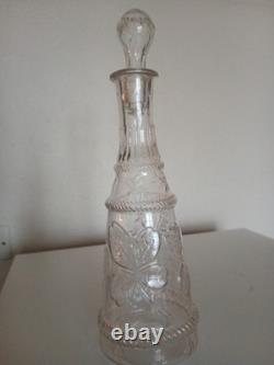 Carafe ancienne verre moulé incolore trèfle PORTE-BONHEUR relief+bouchon