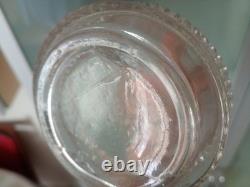 Carafe ancienne verre moulé incolore trèfle PORTE-BONHEUR relief+bouchon