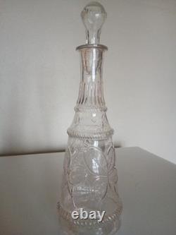 Carafe ancienne verre moulé incolore trèfle PORTE-BONHEUR relief+bouchon