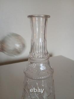 Carafe ancienne verre moulé incolore trèfle PORTE-BONHEUR relief+bouchon