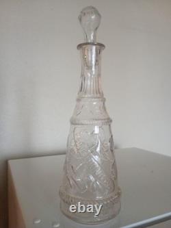 Carafe ancienne verre moulé incolore trèfle PORTE-BONHEUR relief+bouchon