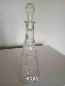 Carafe ancienne verre moulé incolore trèfle PORTE-BONHEUR relief+bouchon