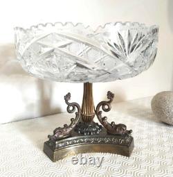 Centre de table ancien en cristal et étain doré vintage