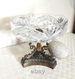 Centre de table ancien en cristal et étain doré vintage