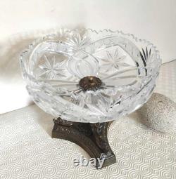 Centre de table ancien en cristal et étain doré vintage