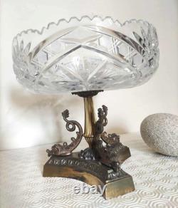 Centre de table ancien en cristal et étain doré vintage