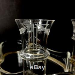 Centre de table doré ancien incluant 4 petits vases en verre ou cristal gravé