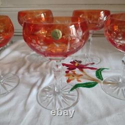 Cinq anciennes coupes à champagne cristal taillé orange décor de grappe Pologne