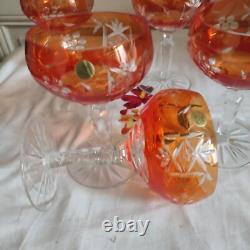 Cinq anciennes coupes à champagne cristal taillé orange décor de grappe Pologne