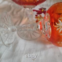 Cinq anciennes coupes à champagne cristal taillé orange décor de grappe Pologne
