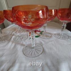 Cinq anciennes coupes à champagne cristal taillé orange décor de grappe Pologne