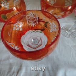 Cinq anciennes coupes à champagne cristal taillé orange décor de grappe Pologne