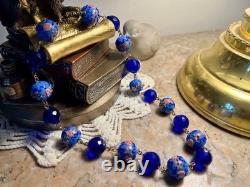 Collier ancien perles lampwork verre Murano & Venise cristal bleu 45 cm