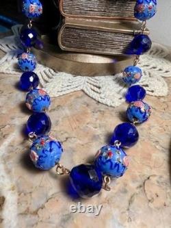Collier ancien perles lampwork verre Murano & Venise cristal bleu 45 cm