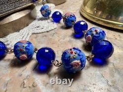 Collier ancien perles lampwork verre Murano & Venise cristal bleu 45 cm