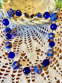 Collier ancien perles lampwork verre Murano & Venise cristal bleu 45 cm