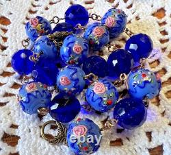 Collier ancien perles lampwork verre Murano & Venise cristal bleu 45 cm