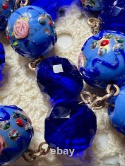 Collier ancien perles lampwork verre Murano & Venise cristal bleu 45 cm