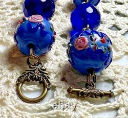Collier ancien perles lampwork verre Murano & Venise cristal bleu 45 cm