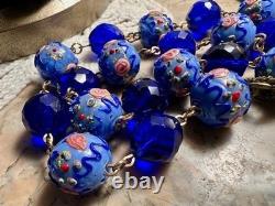 Collier ancien perles lampwork verre Murano & Venise cristal bleu 45 cm