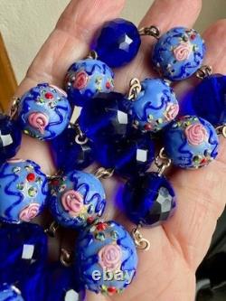 Collier ancien perles lampwork verre Murano & Venise cristal bleu 45 cm